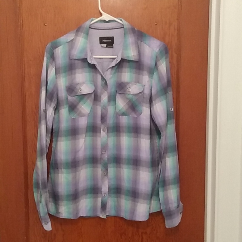 Marmot long sleeve purple/green with purple/white checkered inside lining Shirt